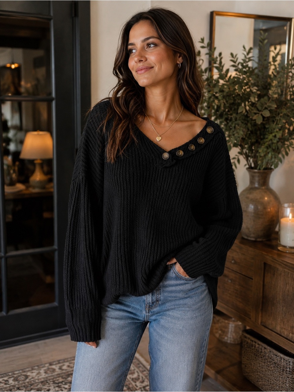 Zenana Outfitters Black Off-the-Shoulder V-Neck Button Sweater thermal